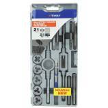 21 pieces - 9 taps M3 to M12 + 9 dies M3 to M12 + 1 screwdriver + 1 bit holder + 1 die holder 
