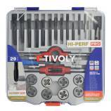 29 pièces - 12 tarauds HSS STEAM GUN DIN352 + 12 filières HSS Ø 25.4 M3 à M12 + 2 tournes à gauche + 1 porte-filière + accessoires 