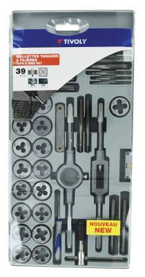 39 pieces - 17 taps + 17 dies M3 to M12 & MF4 to MF12 + 1 thread gauge + 1 screwdriver + 2 tap holders + 1 die holder 