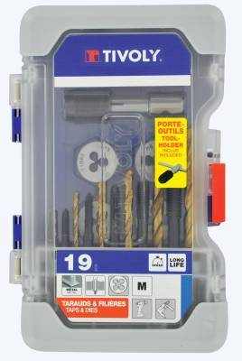 19 pieces - 6 taps DIN 342 + 6 hexagonal dies M3 to M10 + 1 tap wrench + 6 TiN coated rectified HSS drill bits 