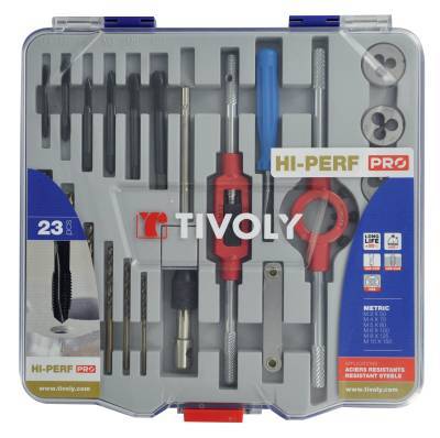 23 pieces - 6 HSS taps + 6 HSS dies M3 to M10 + 2 die holders + 1 die holder 25.4 + 6 HSSE5 drill bits + accessories 